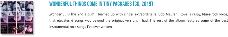 wonderful things come in tiny packages (CD, 2019) ‚Wonderful‘ is the 2nd album I teamed up with singer extraordinaire, Udo Maurer. I love is raspy, blues-rock voice, that elevates 6 songs way beyond the original versions I had. The rest of the album features some of the best instrumental rock songs I‘ve ever written.